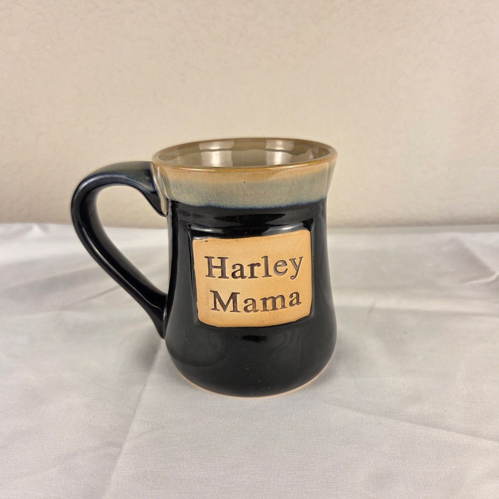 LTD Commodities Harley Mama Coffee Mug Black Tan Drip Glaze Stoneware Biker Gift